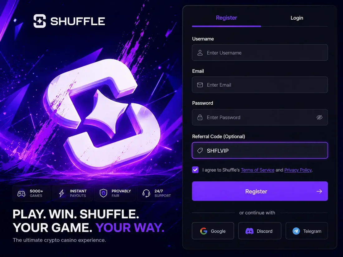 Shuffle registration form with username, email, password and the Referral Code field containing SHFLVIP