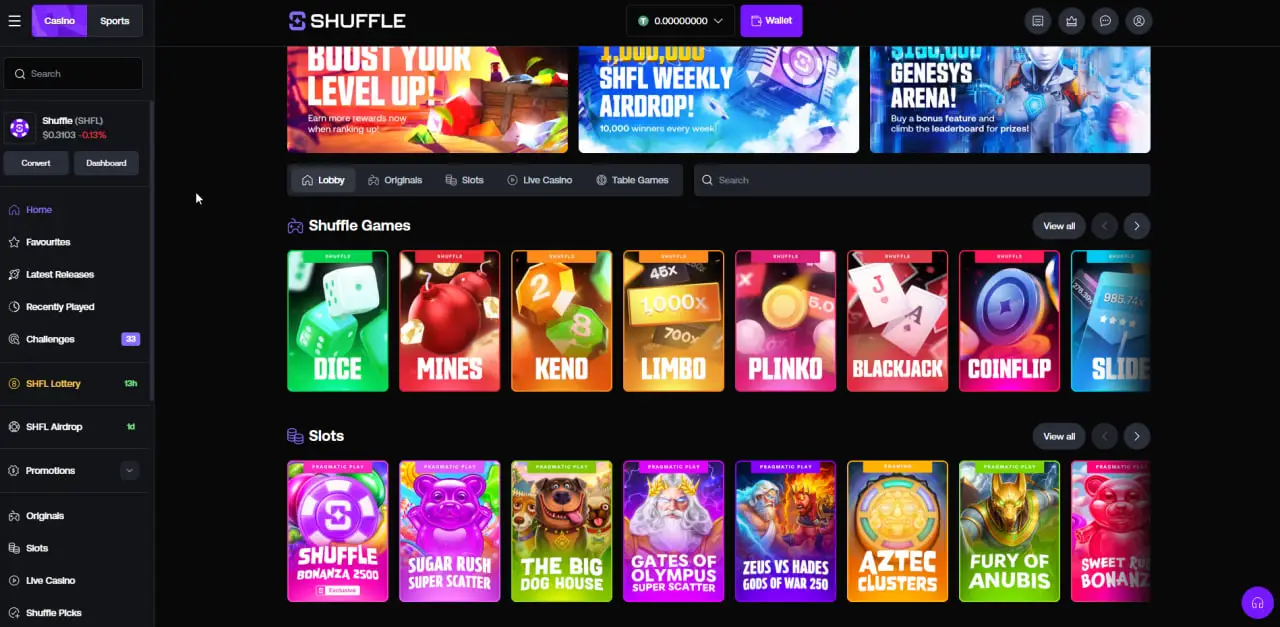 Shuffle casino lobby showing Shuffle Games originals and slot titles