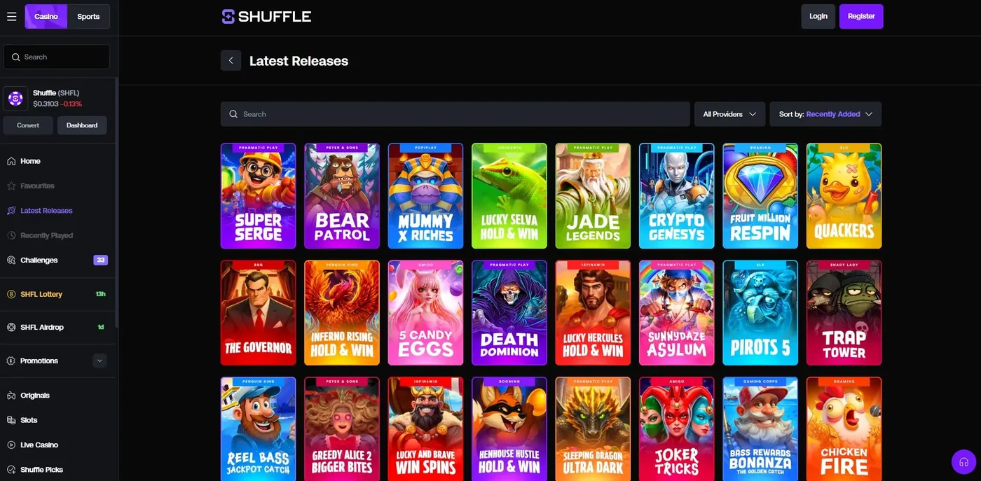 Shuffle Latest Releases page showing recently added slot titles