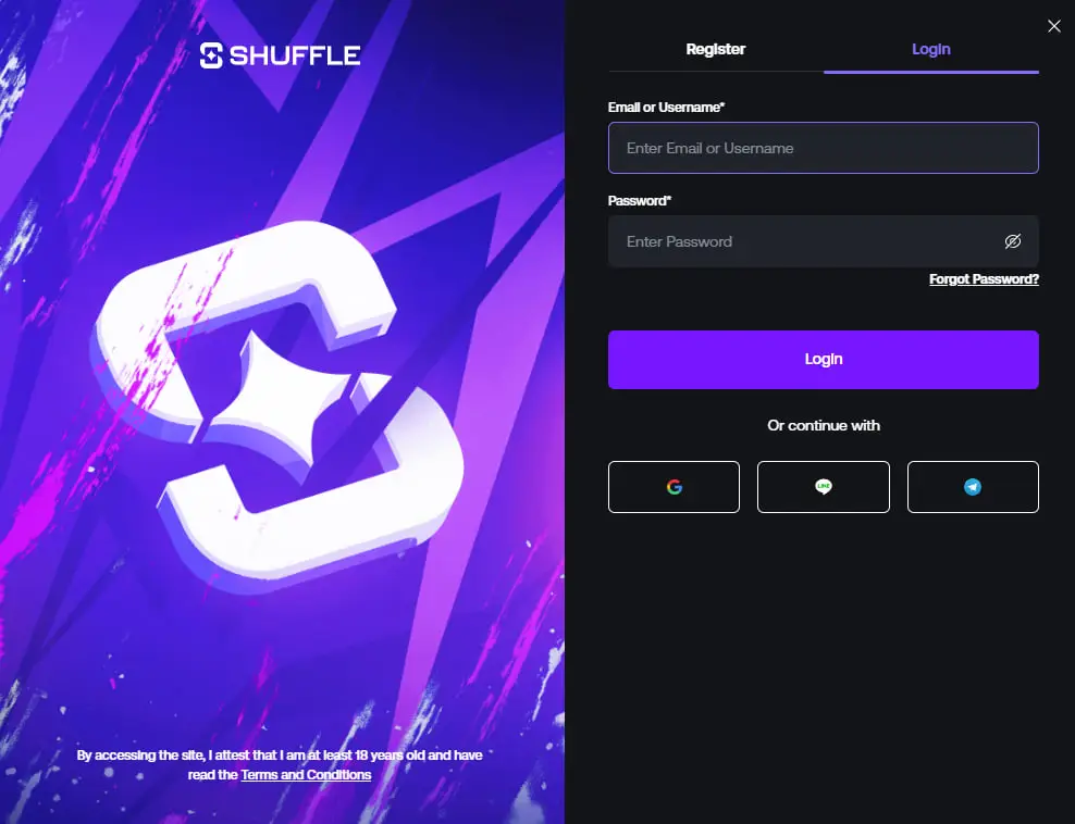 Shuffle login panel showing email or username and password fields with social sign-in options