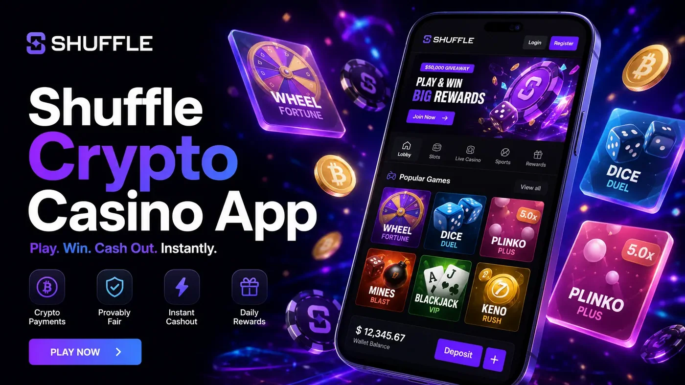 Shuffle crypto casino running on a mobile phone with popular games and wallet balance