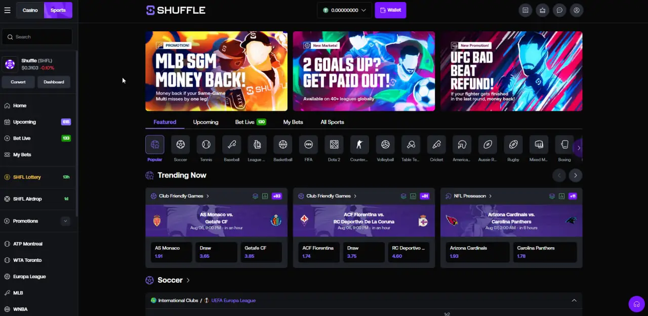 Shuffle sportsbook interface with trending soccer markets and decimal odds